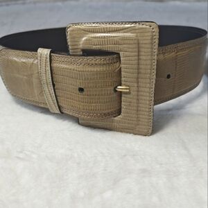 Genuine Lizard Leather Small Wide‎ Belt Gold Embossed Chunky Rectangle Buckle